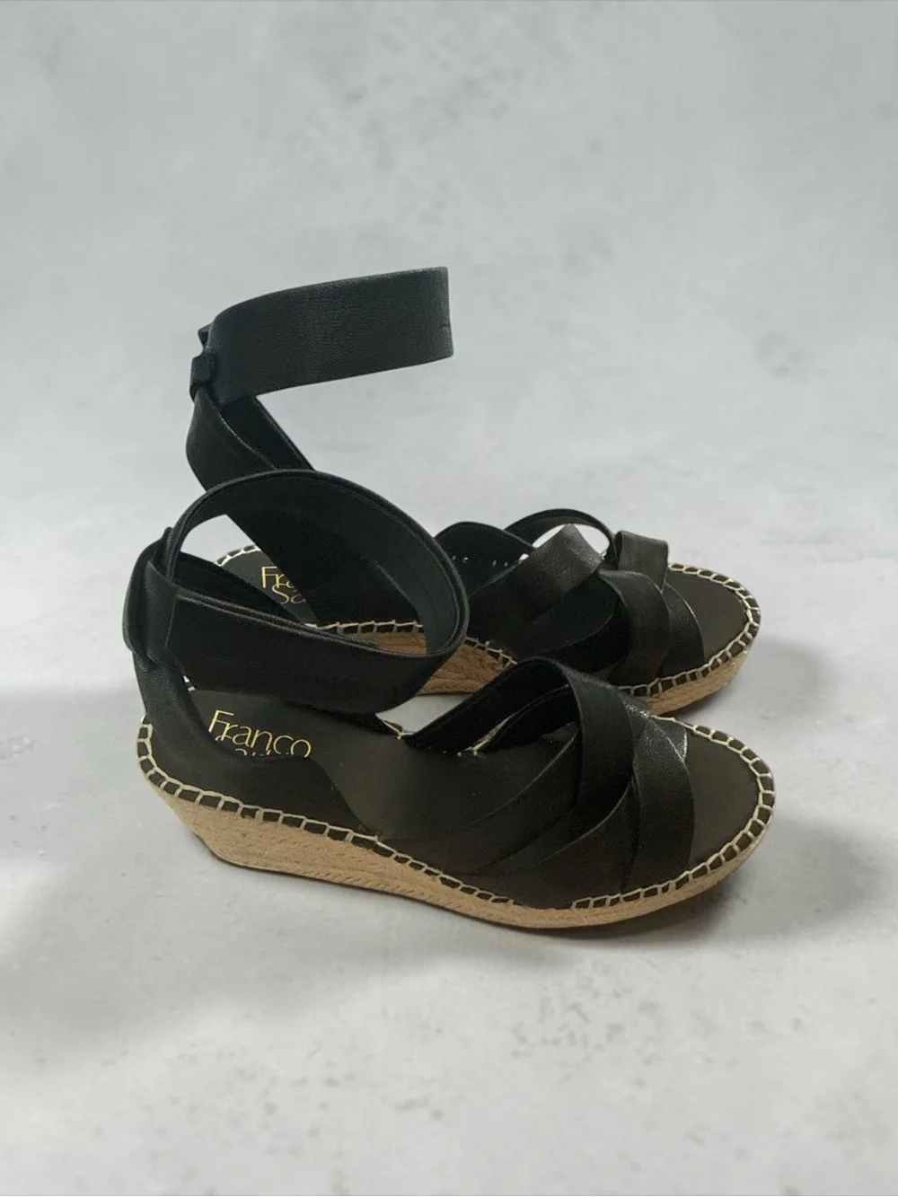 Franco Sarto Black Leather Ankle-Strap Espadrille Wedge Sandals